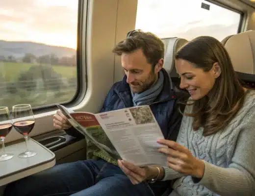couple voyageant en train et qui est en train de lire un guide sur le vin