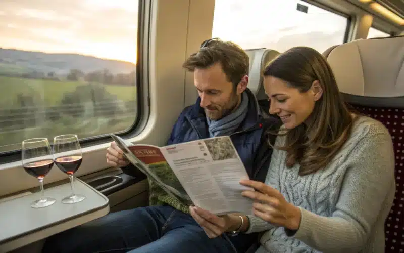 couple voyageant en train et qui est en train de lire un guide sur le vin
