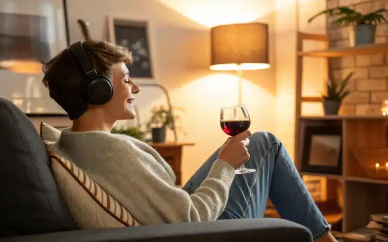 Personne ecoutant de la musique tout en degustant un verre de vin